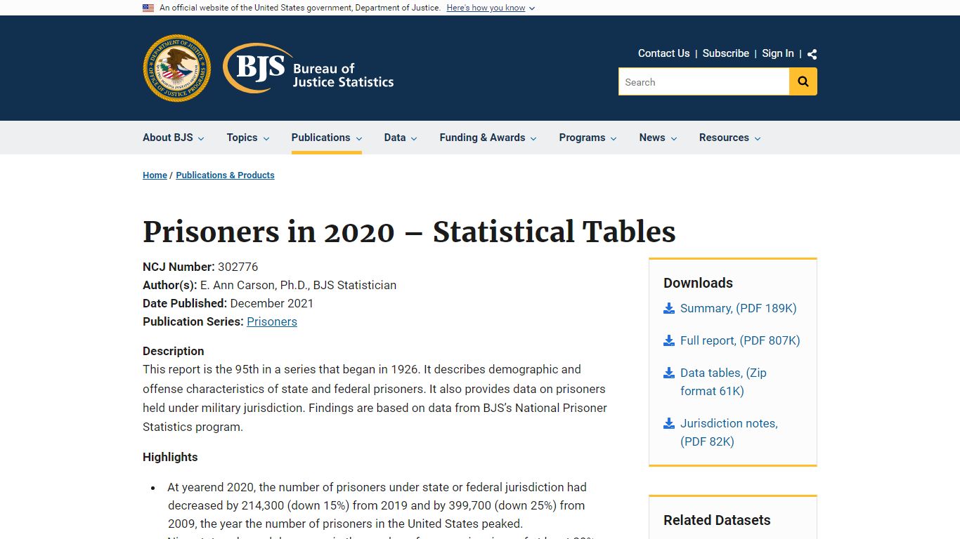 Prisoners in 2020 – Statistical Tables - Bureau of Justice Statistics